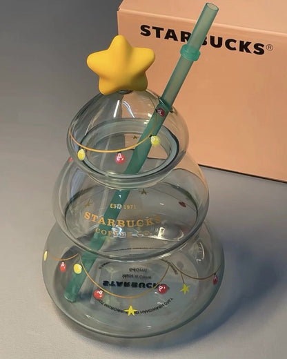 Starbucks*Christmas Tree 22oz Glass Straw Cup Tumbler Xmas