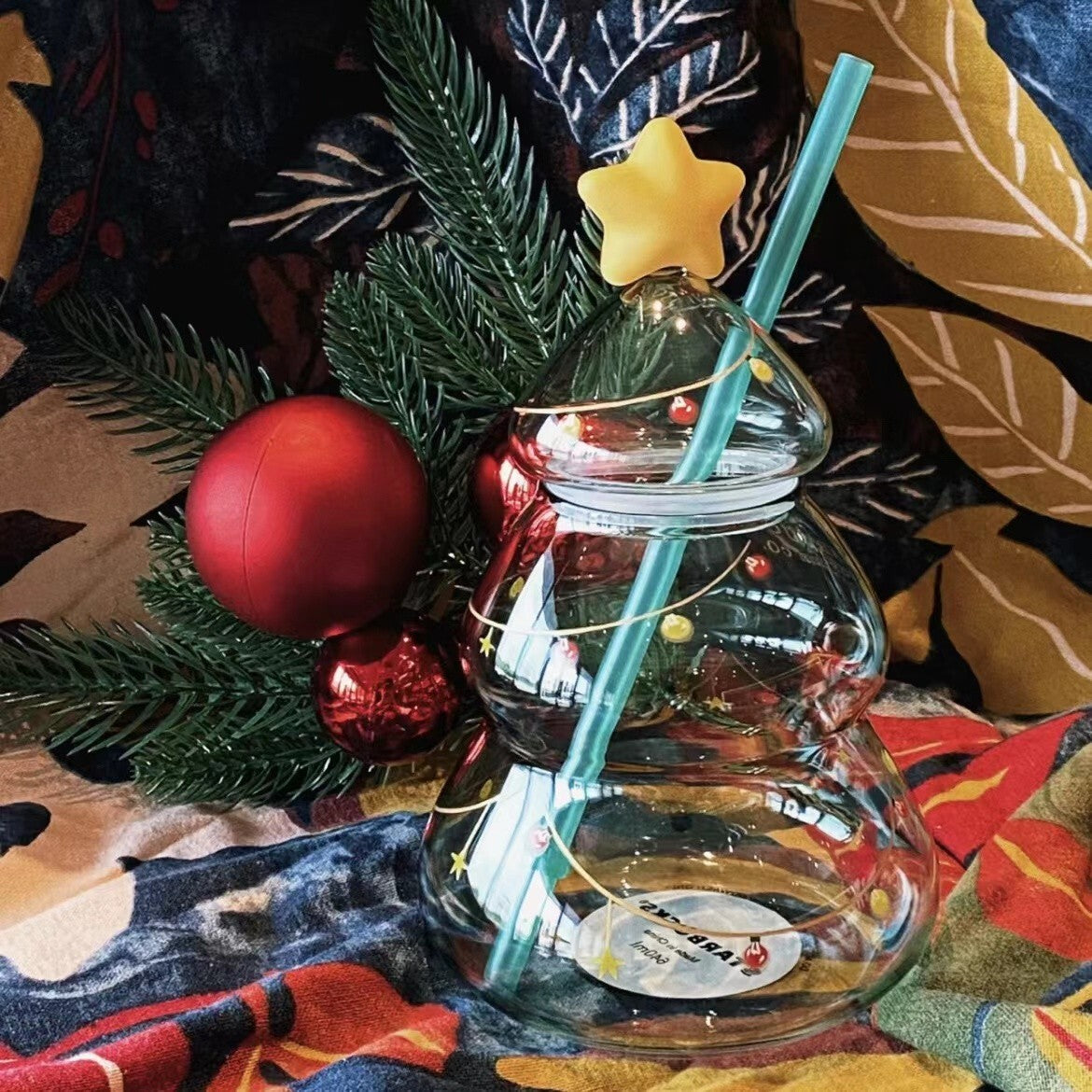 Starbucks*Christmas Tree 22oz Glass Straw Cup Tumbler Xmas